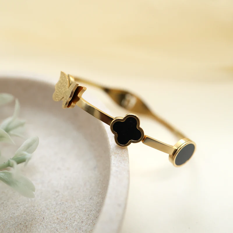 Gold Tone Anti Tarnish Bracelet For Women - Butterfly Flower Circle